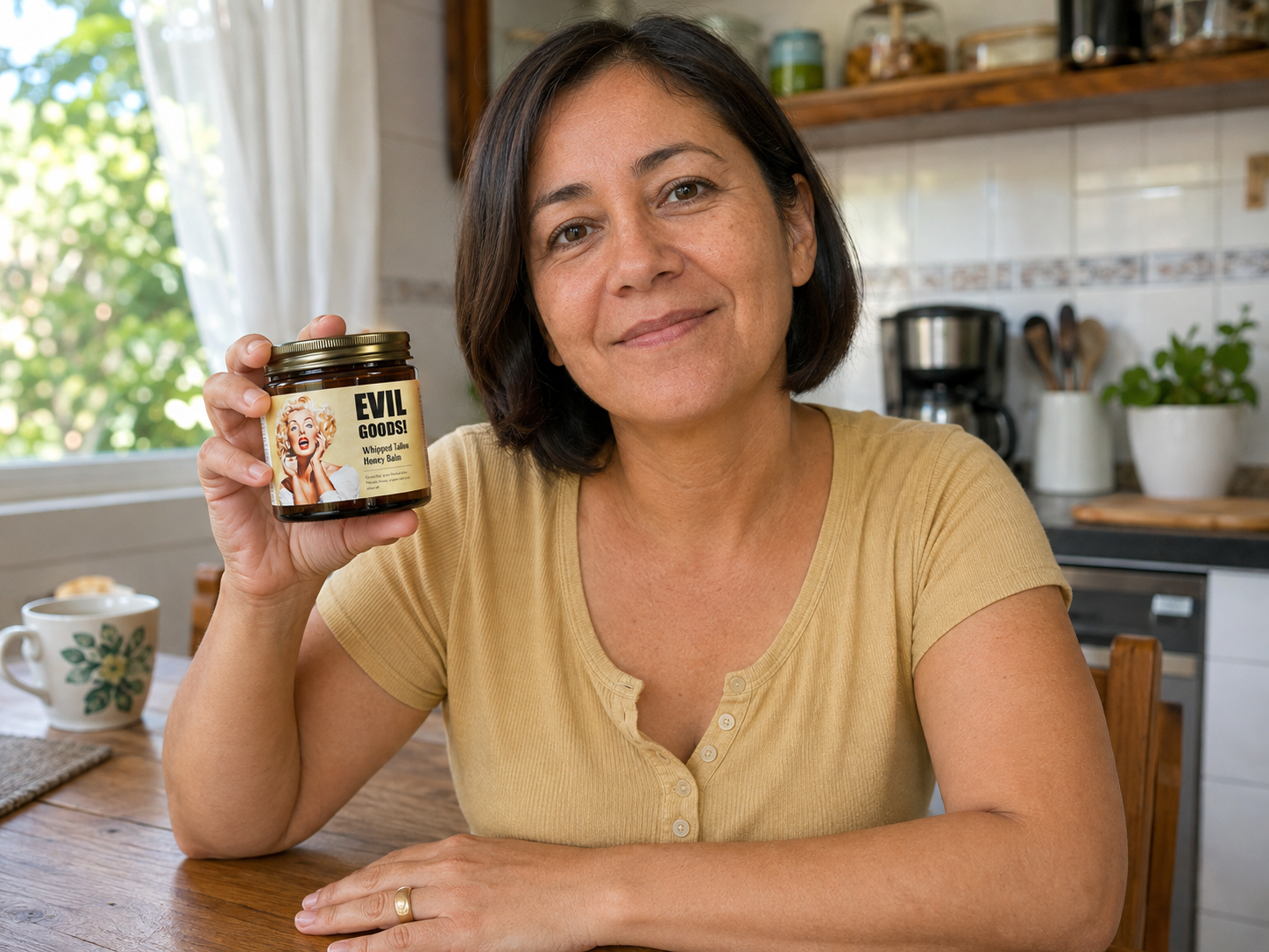 Mujer costarricense mostrando Evil Goods en la mesa de su cocina